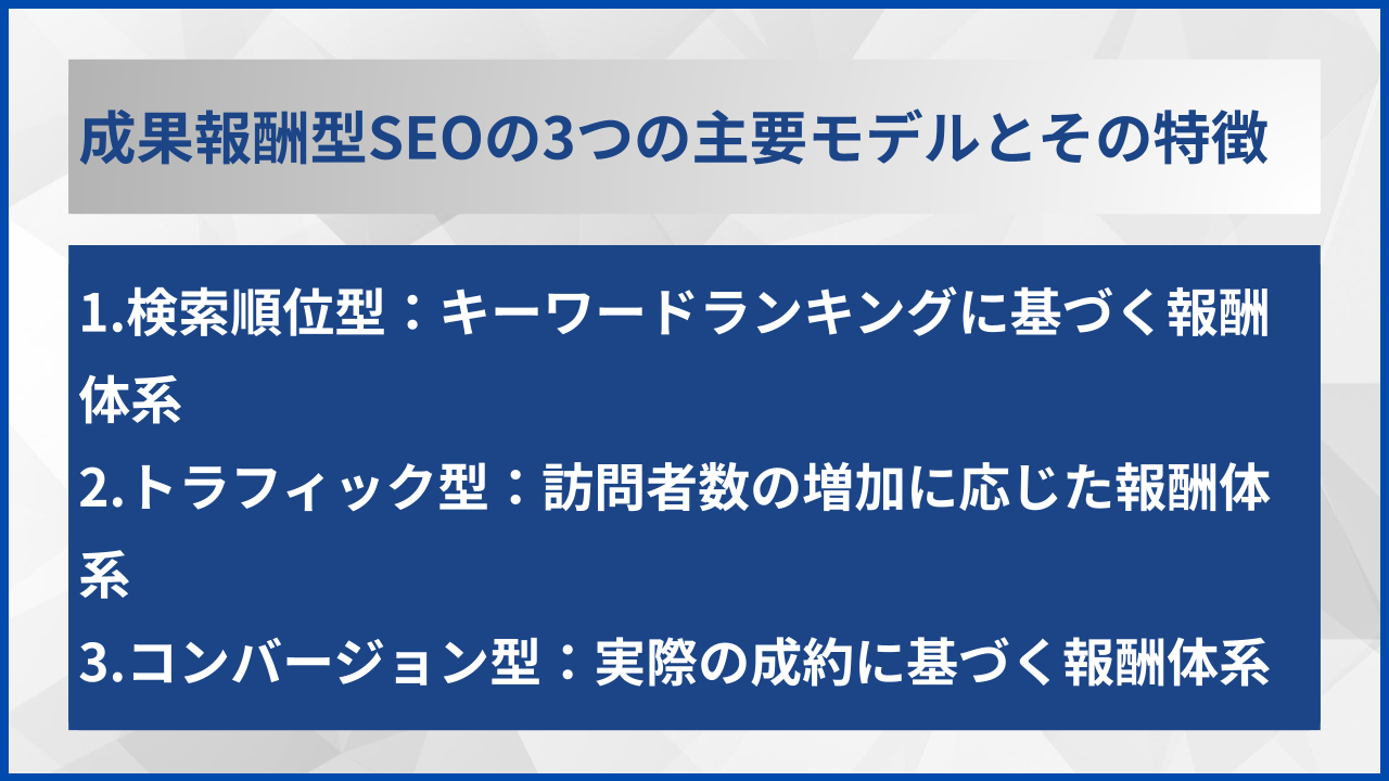 成果報酬型SEOの3つの主要モデルとその特徴