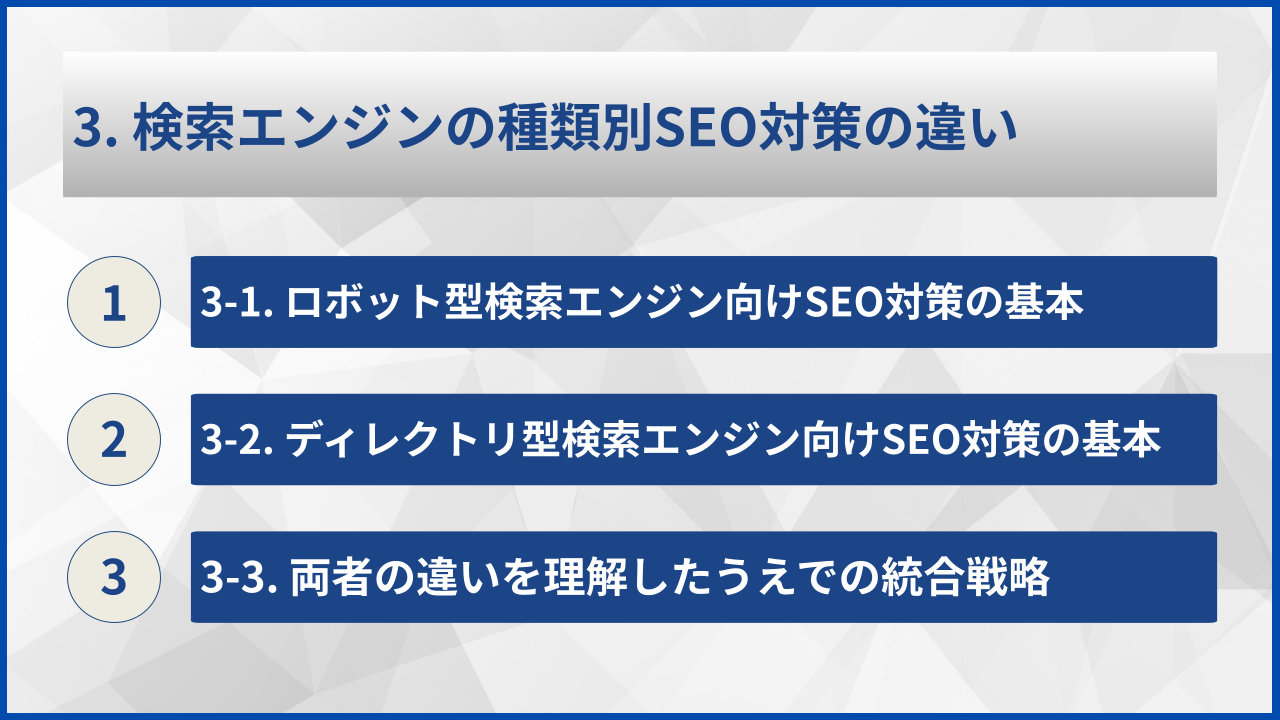 3. 検索エンジンの種類別SEO対策の違い
