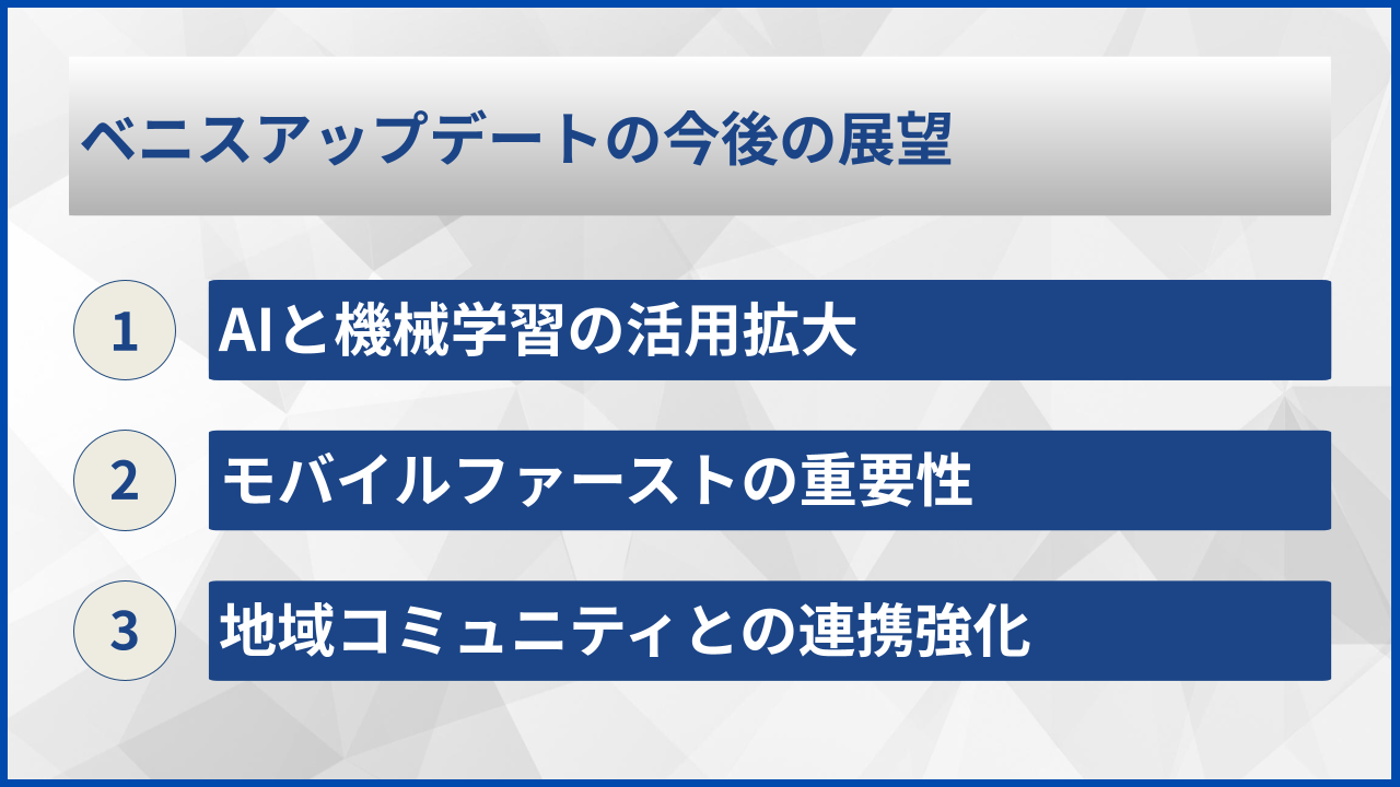 ベニスアップデートの今後の展望