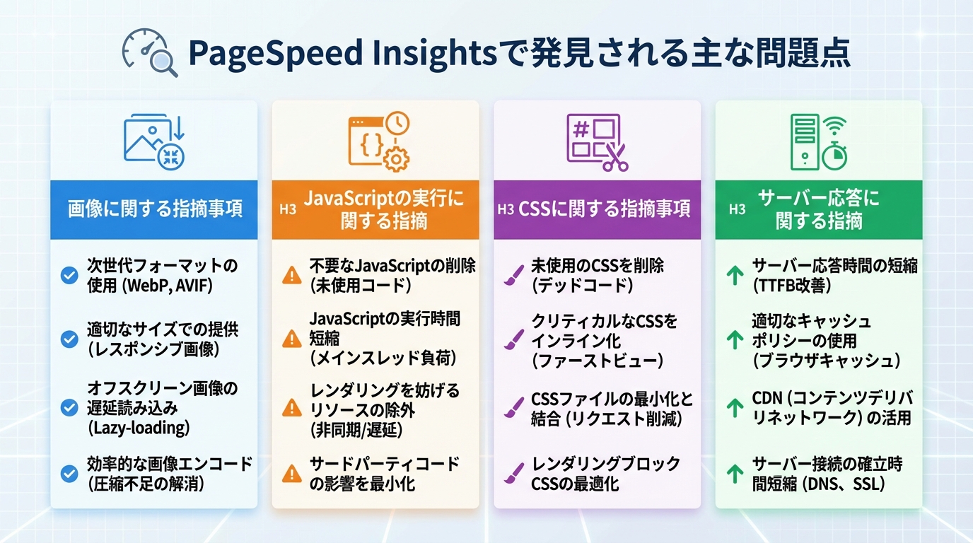 PageSpeed Insightsで発見される主な問題点