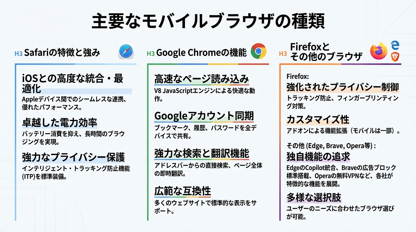 主要なモバイルブラウザの種類