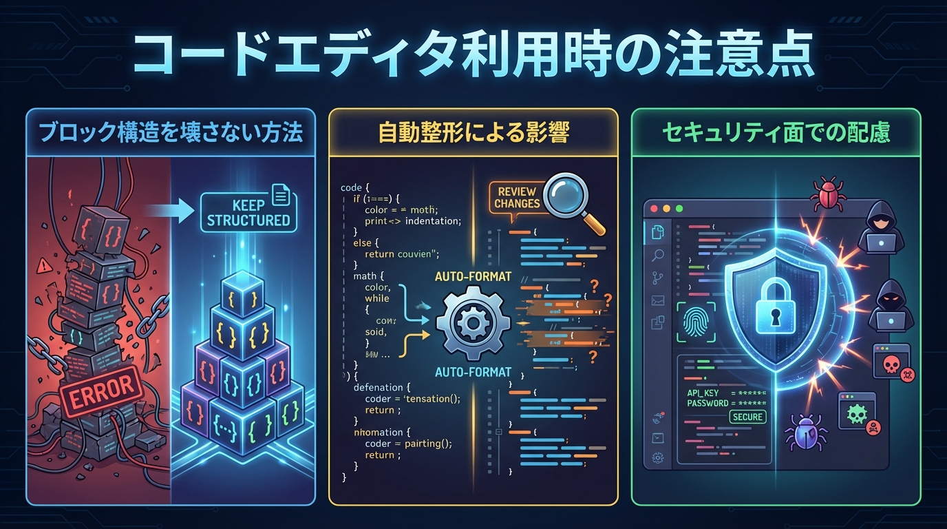 コードエディタ利用時の注意点