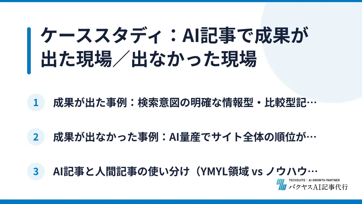 ケーススタディ：AI記事で成果が出た現場／出なかった現場