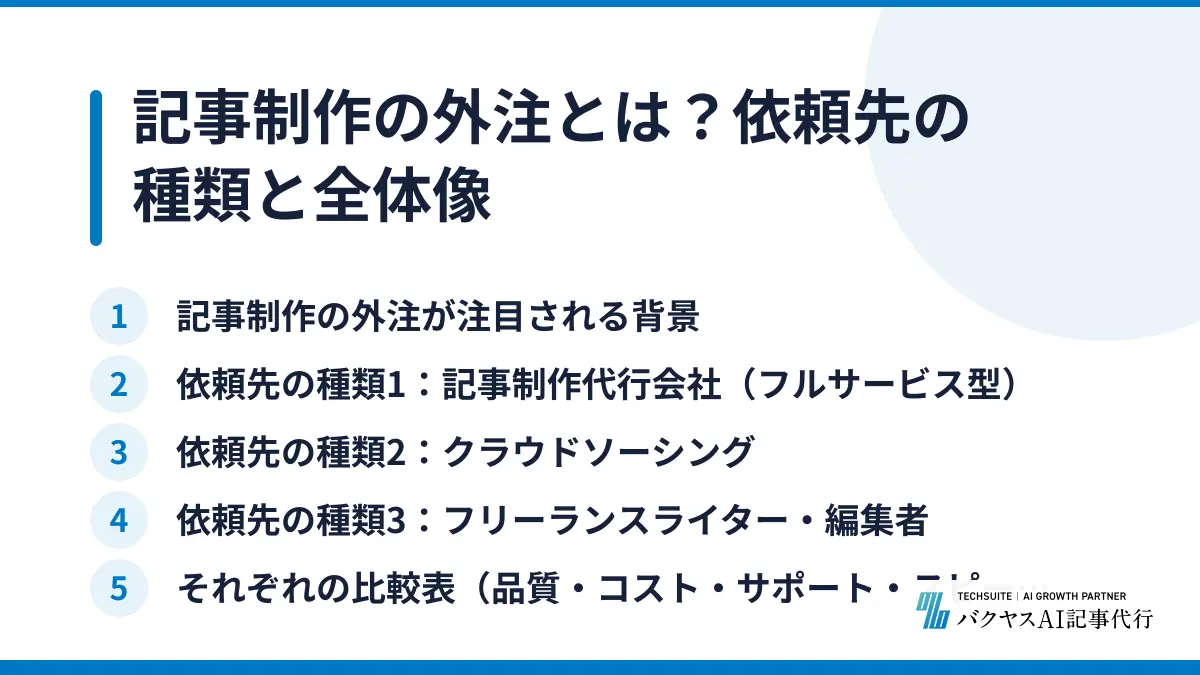記事制作の外注とは?依頼先の種類と全体像