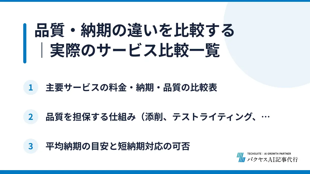 品質・納期の違いを比較する|実際のサービス比較一覧