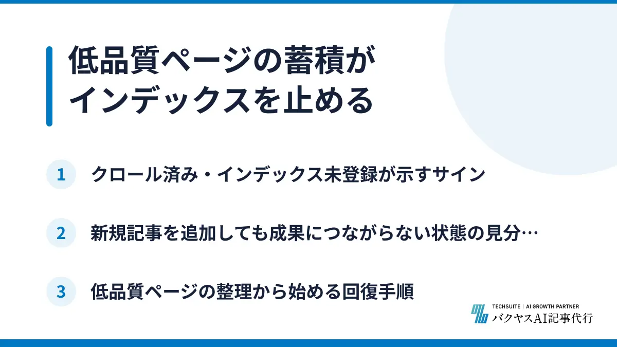 低品質ページの蓄積がインデックスを止める