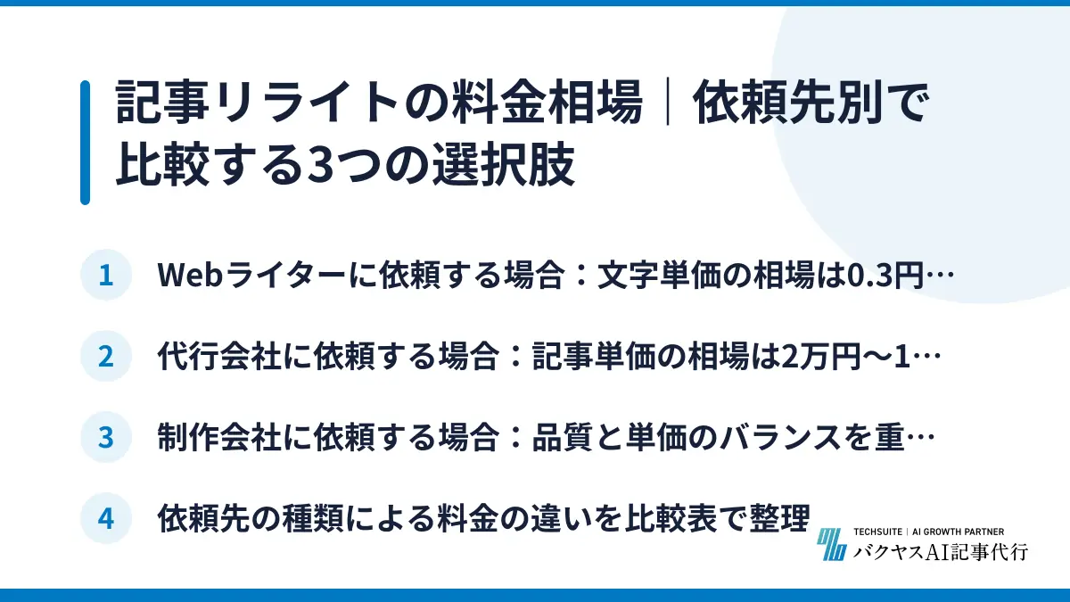 記事リライトの料金相場｜依頼先別で比較する3つの選択肢