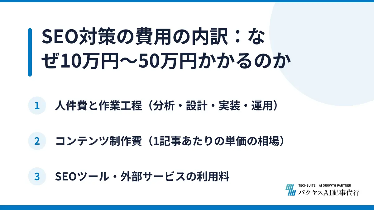 SEO対策の費用の内訳：なぜ10万円〜50万円かかるのか