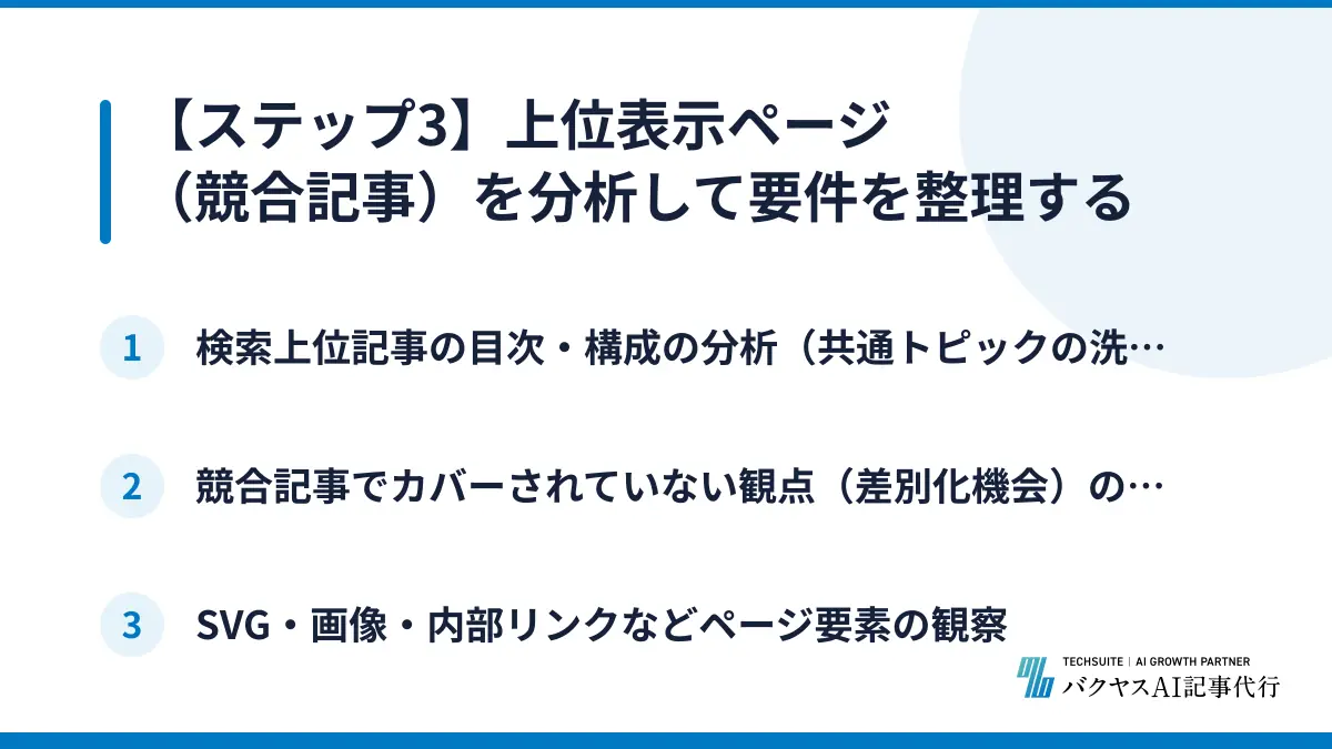 【ステップ3】上位表示ページ（競合記事）を分析して要件を整理する