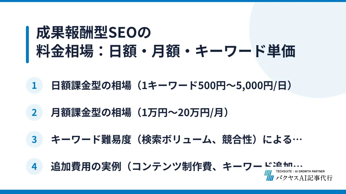 成果報酬型SEOの料金相場：日額・月額・キーワード単価